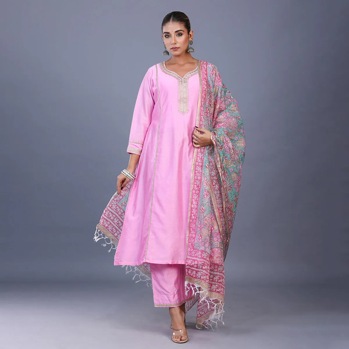 Silk Kurta Set For Women | Kurta, Pant & Dupatta | Printed | Pink