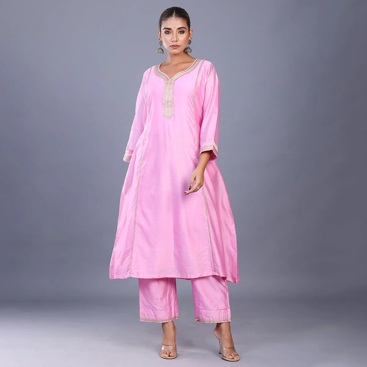Silk Kurta Set For Women | Kurta, Pant & Dupatta | Printed | Pink