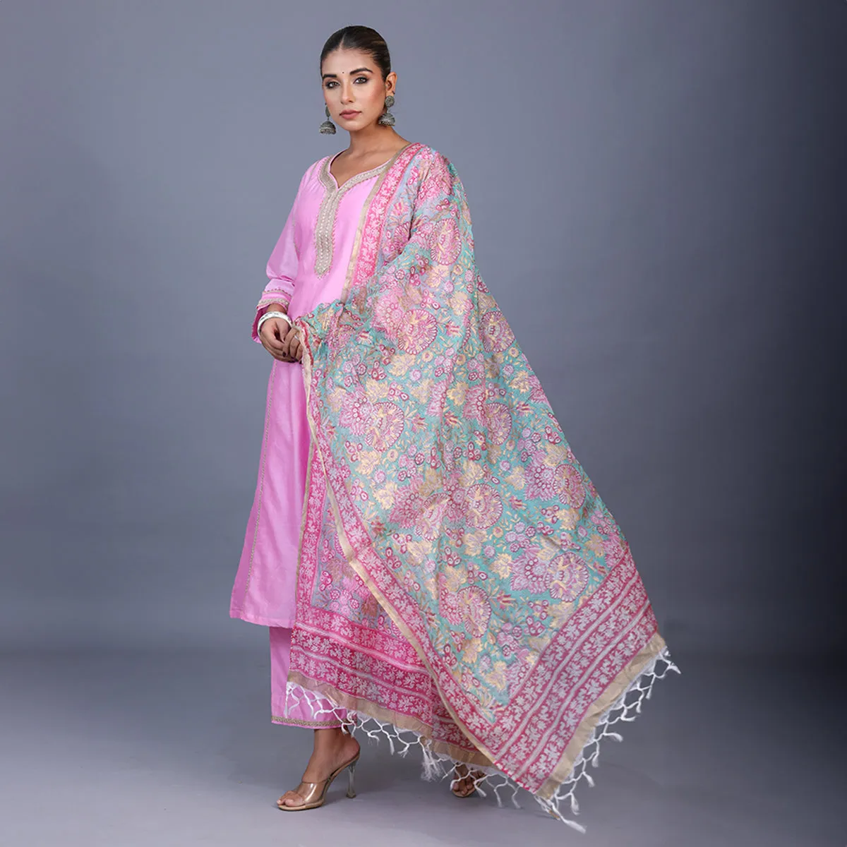 Silk Kurta Set For Women | Kurta, Pant & Dupatta | Printed | Pink