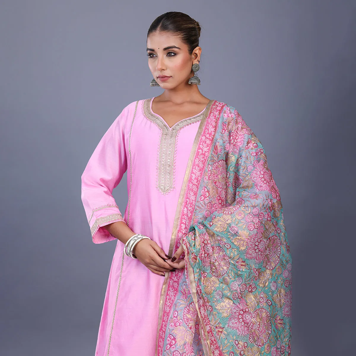Silk Kurta Set For Women | Kurta, Pant & Dupatta | Printed | Pink