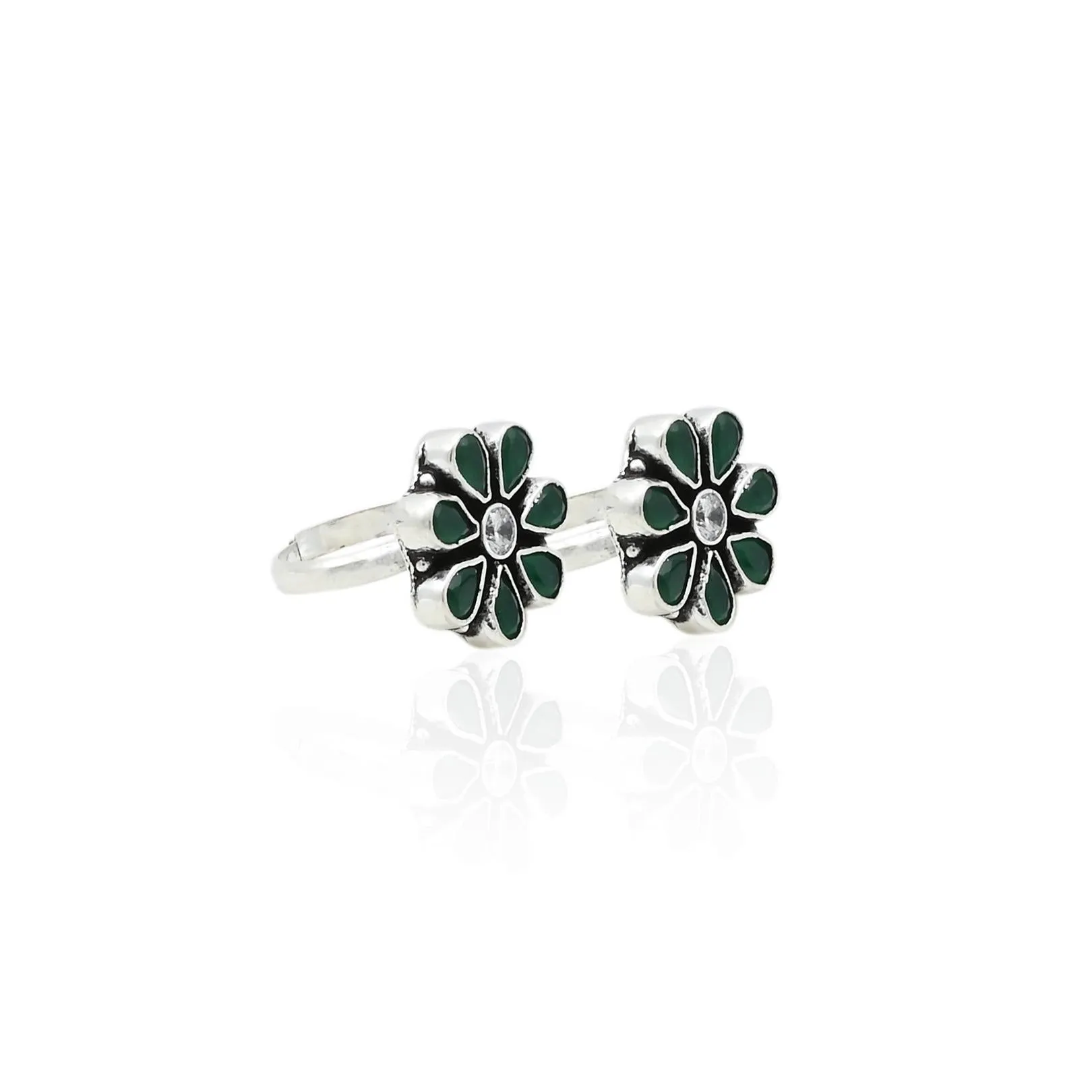 Silver Green And One White Gem Toe Rings