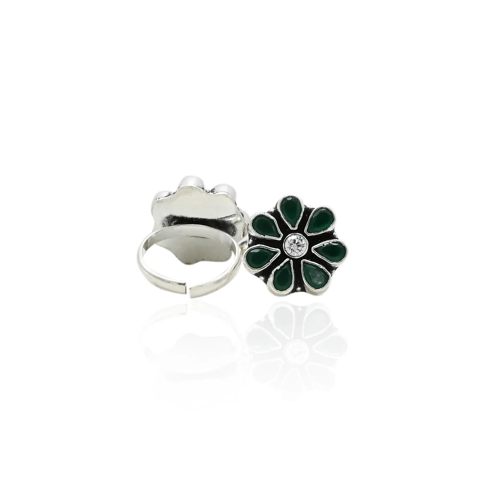 Silver Green And One White Gem Toe Rings