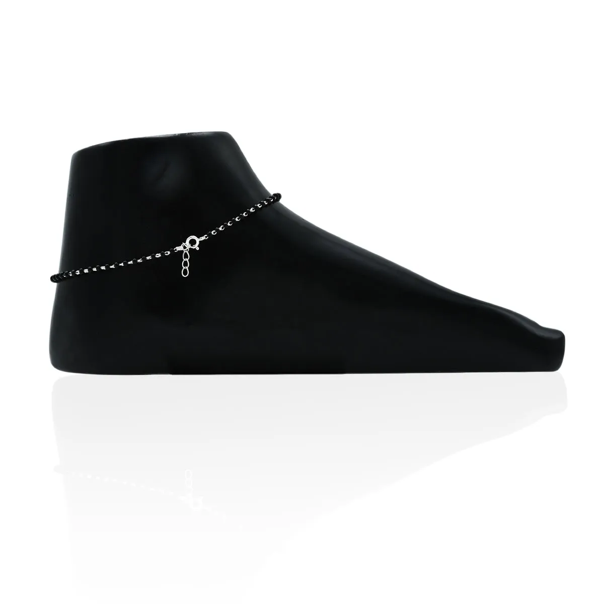 Silver Green Gems Black Beads Anklet