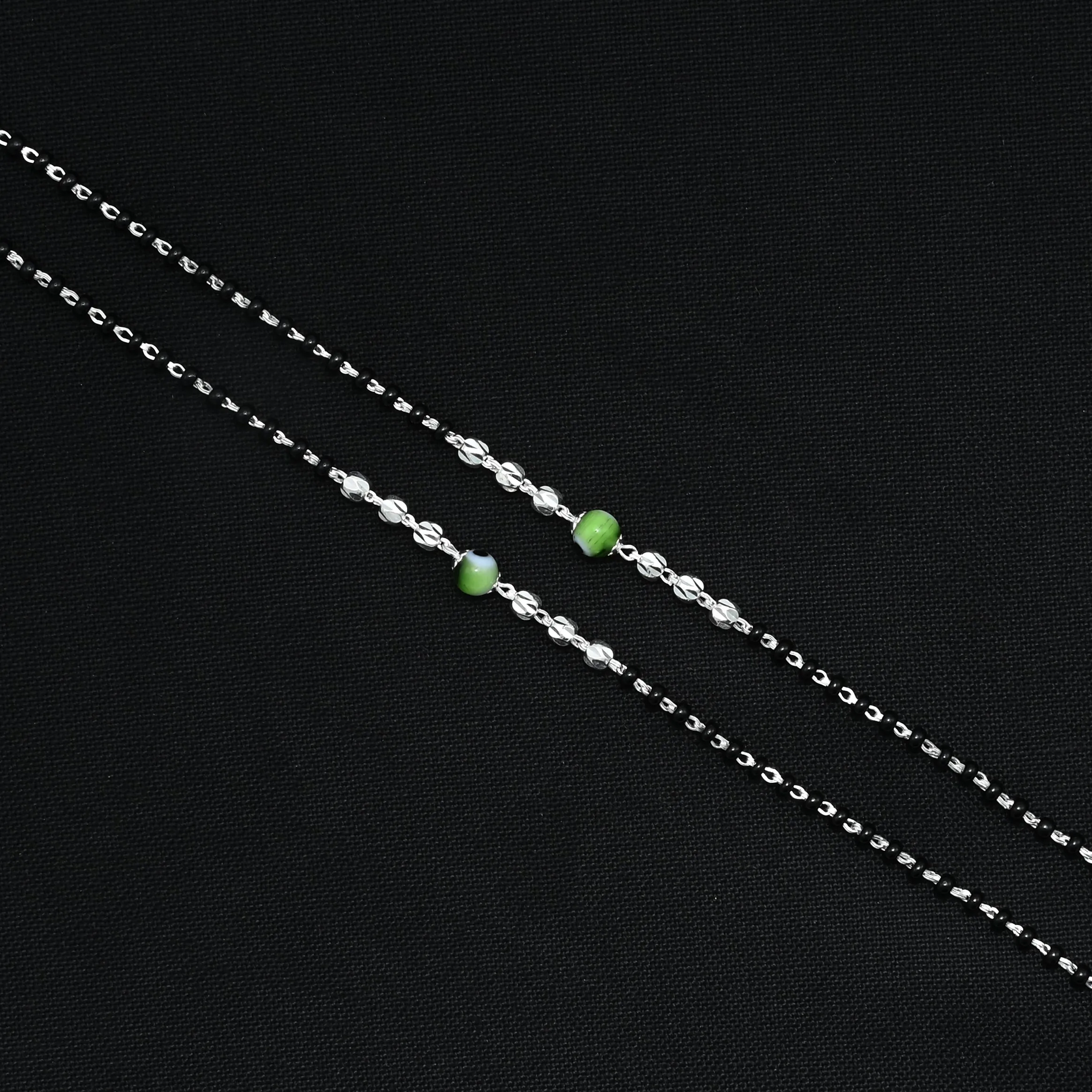 Silver Green Gems Black Beads Anklet