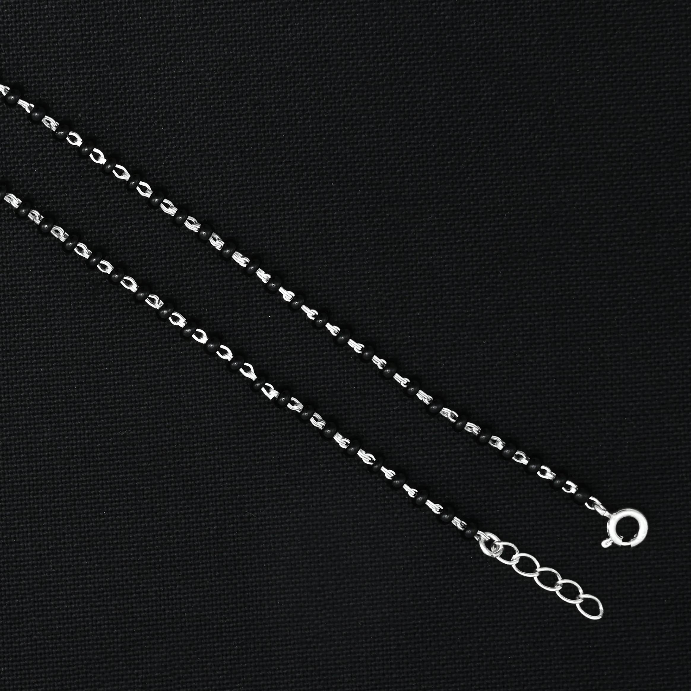Silver Green Gems Black Beads Anklet