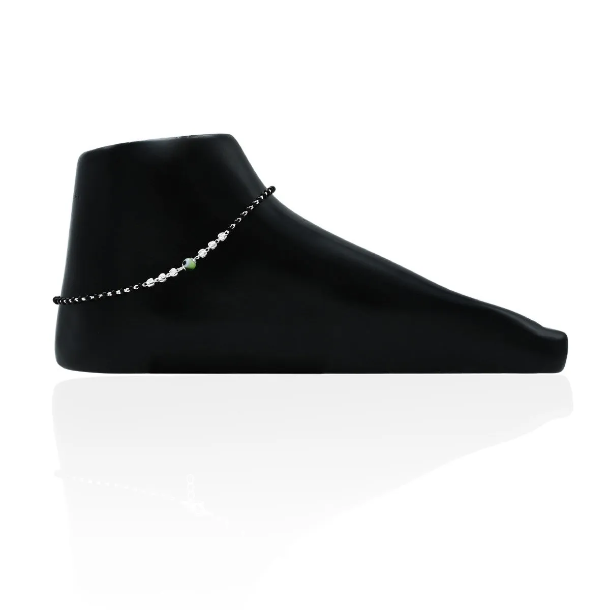Silver Green Gems Black Beads Anklet