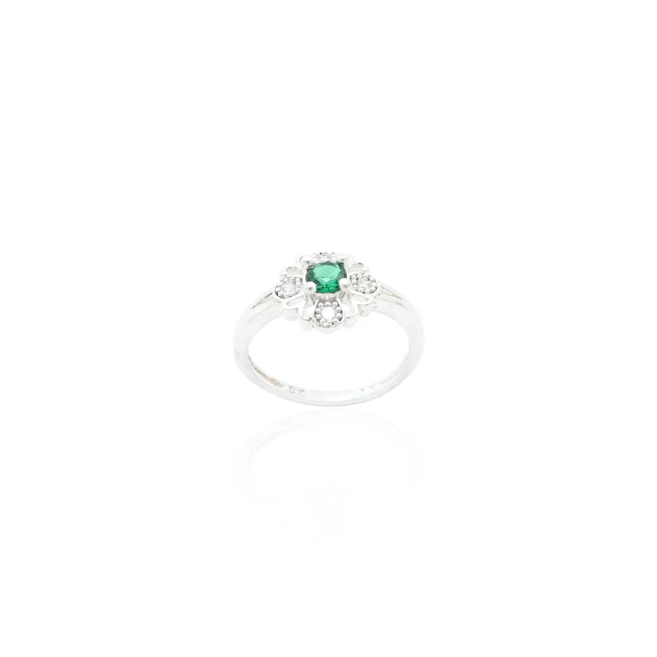 Silver Pretty Green Flower Ring