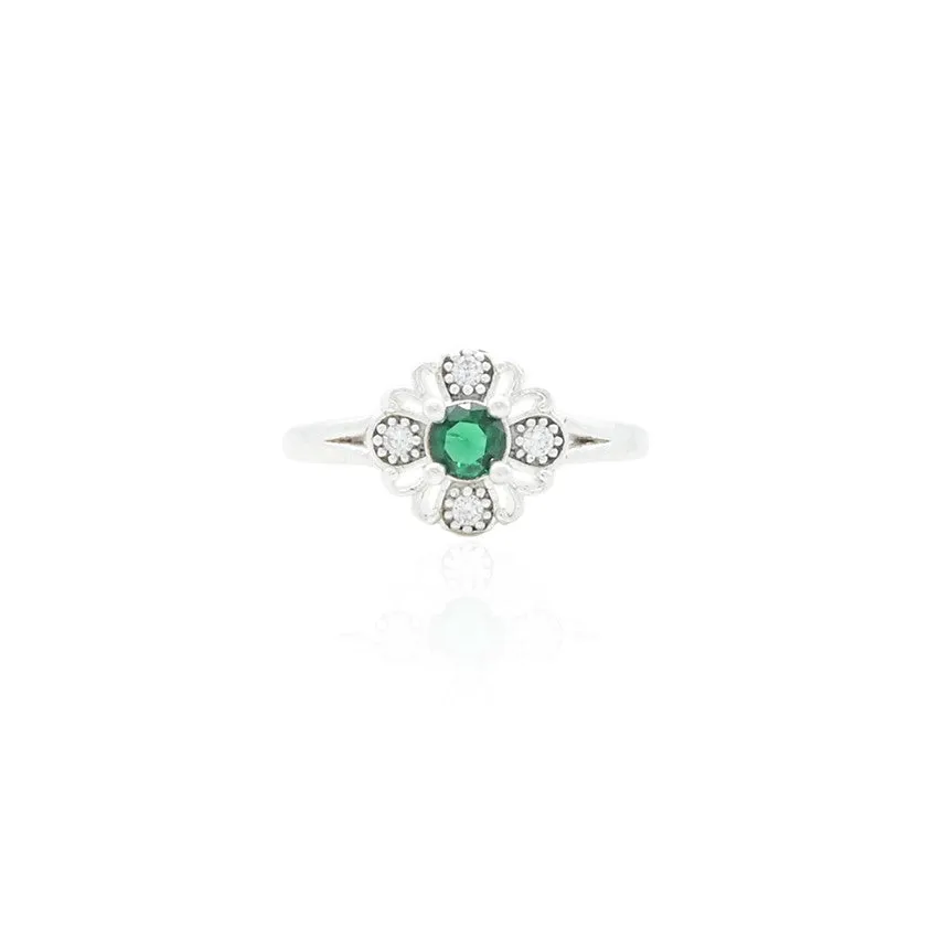 Silver Pretty Green Flower Ring