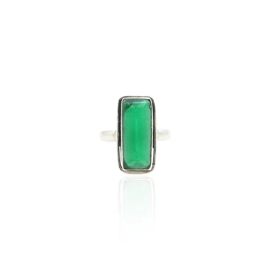 Silver Rectangle Green stone Ring
