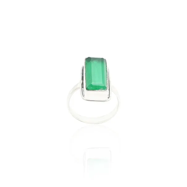 Silver Rectangle Green stone Ring