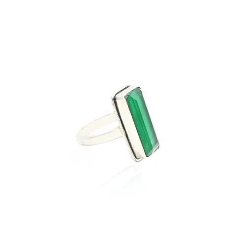 Silver Rectangle Green stone Ring