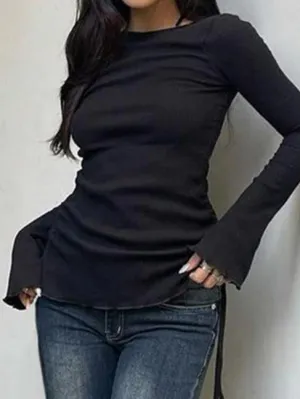 Solid Drawstring Lace Up Long Sleeve Knit