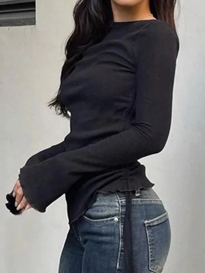 Solid Drawstring Lace Up Long Sleeve Knit