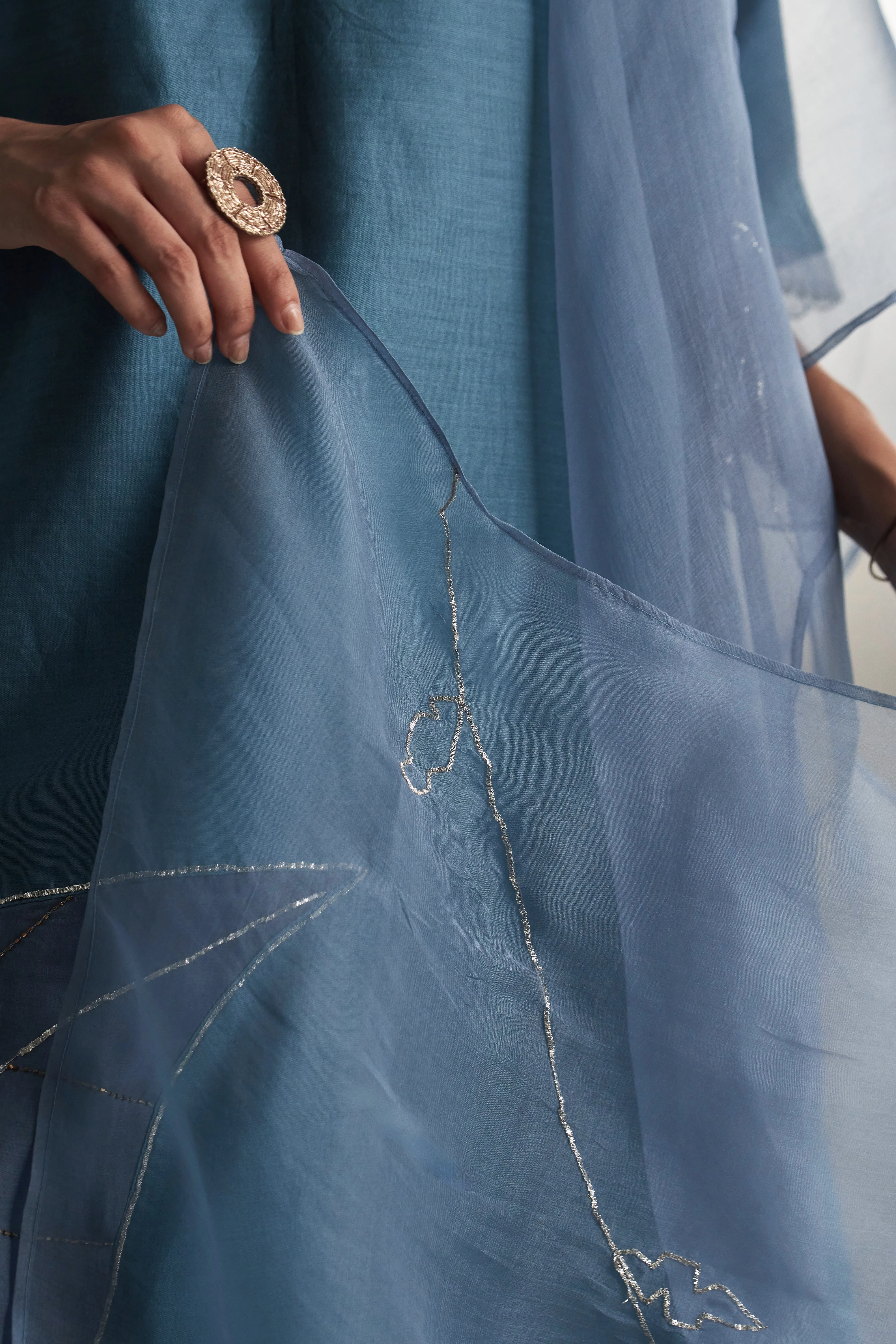 Steel Blue Chanderi Straight Kurta Set