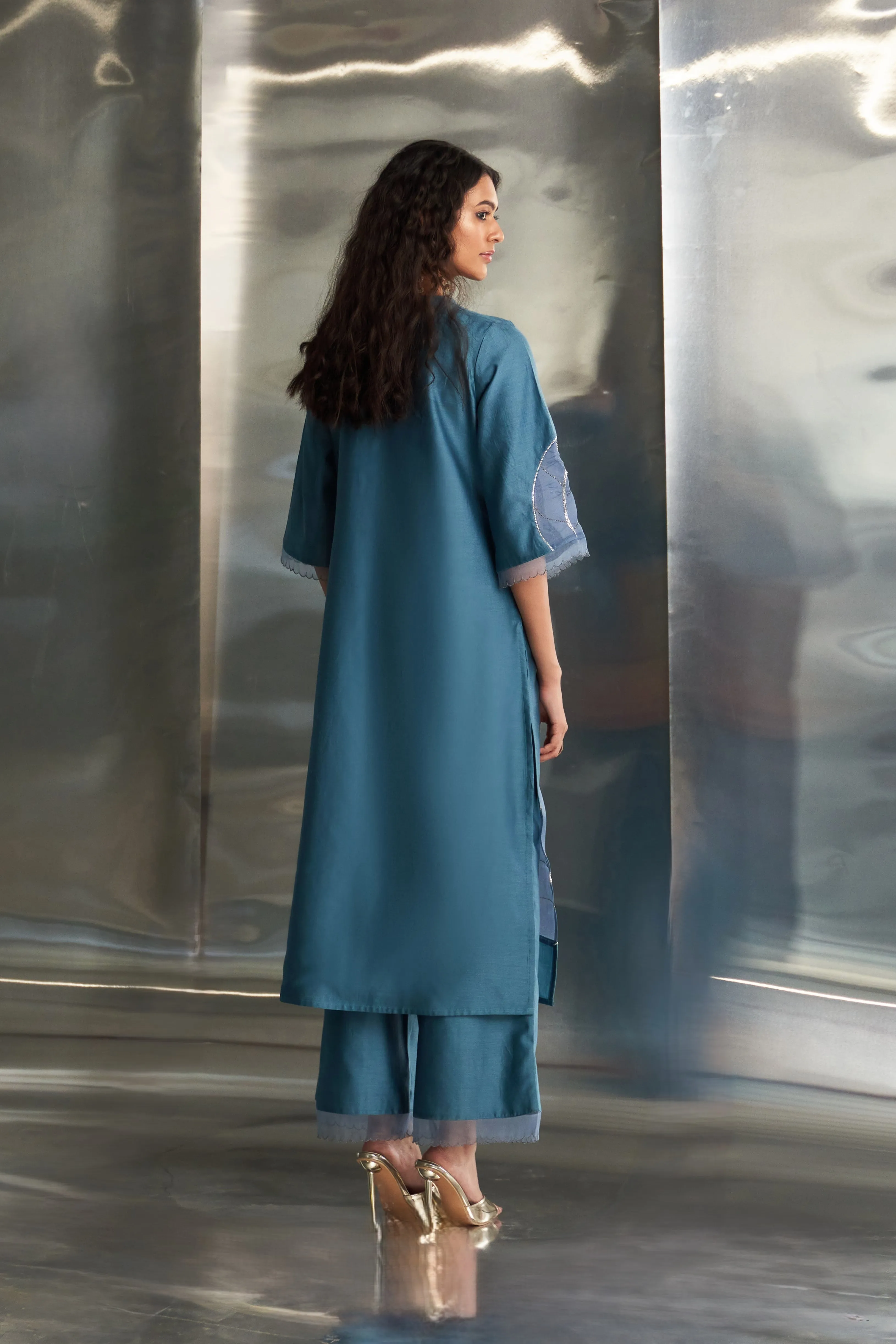 Steel Blue Chanderi Straight Kurta Set