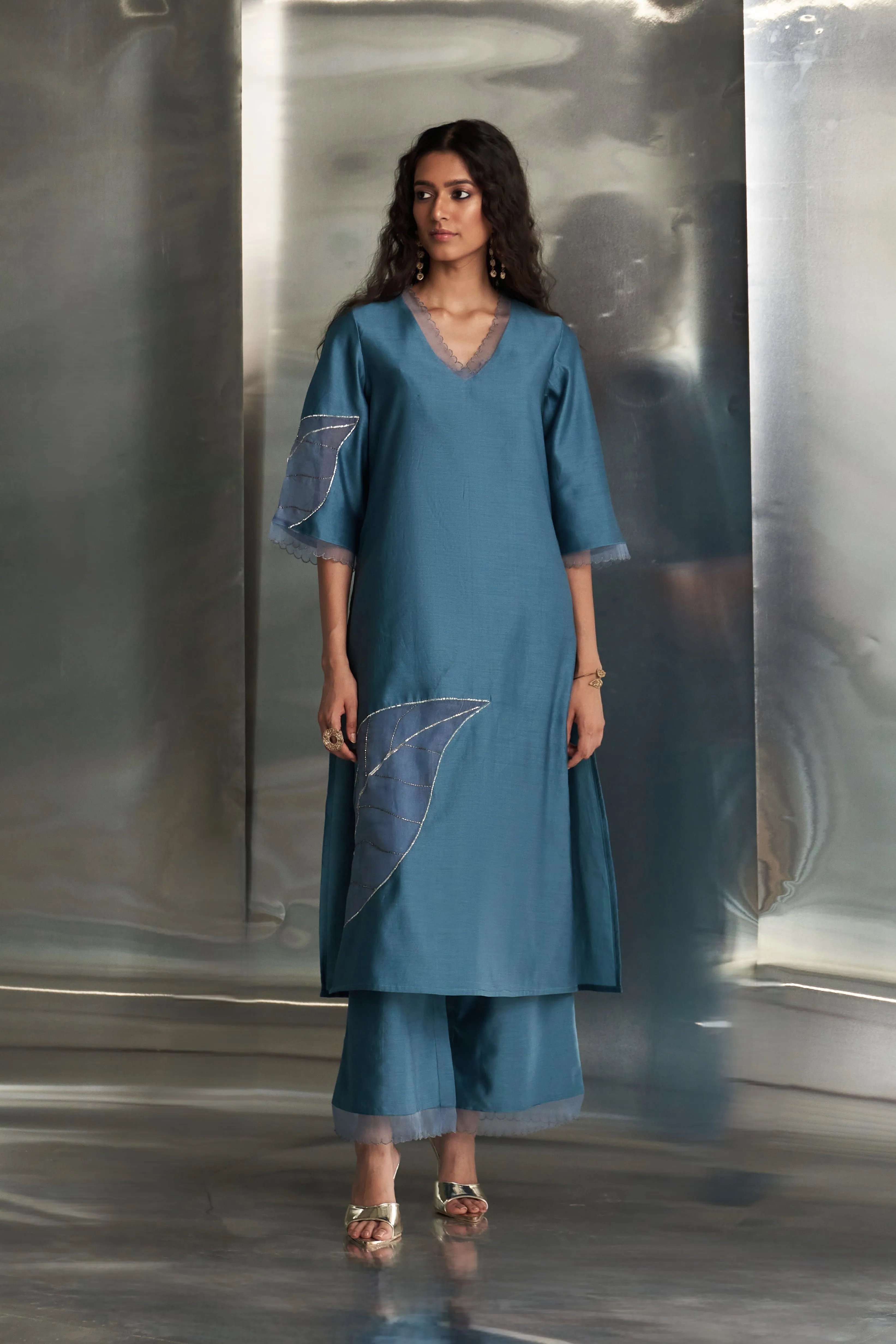 Steel Blue Chanderi Straight Kurta Set