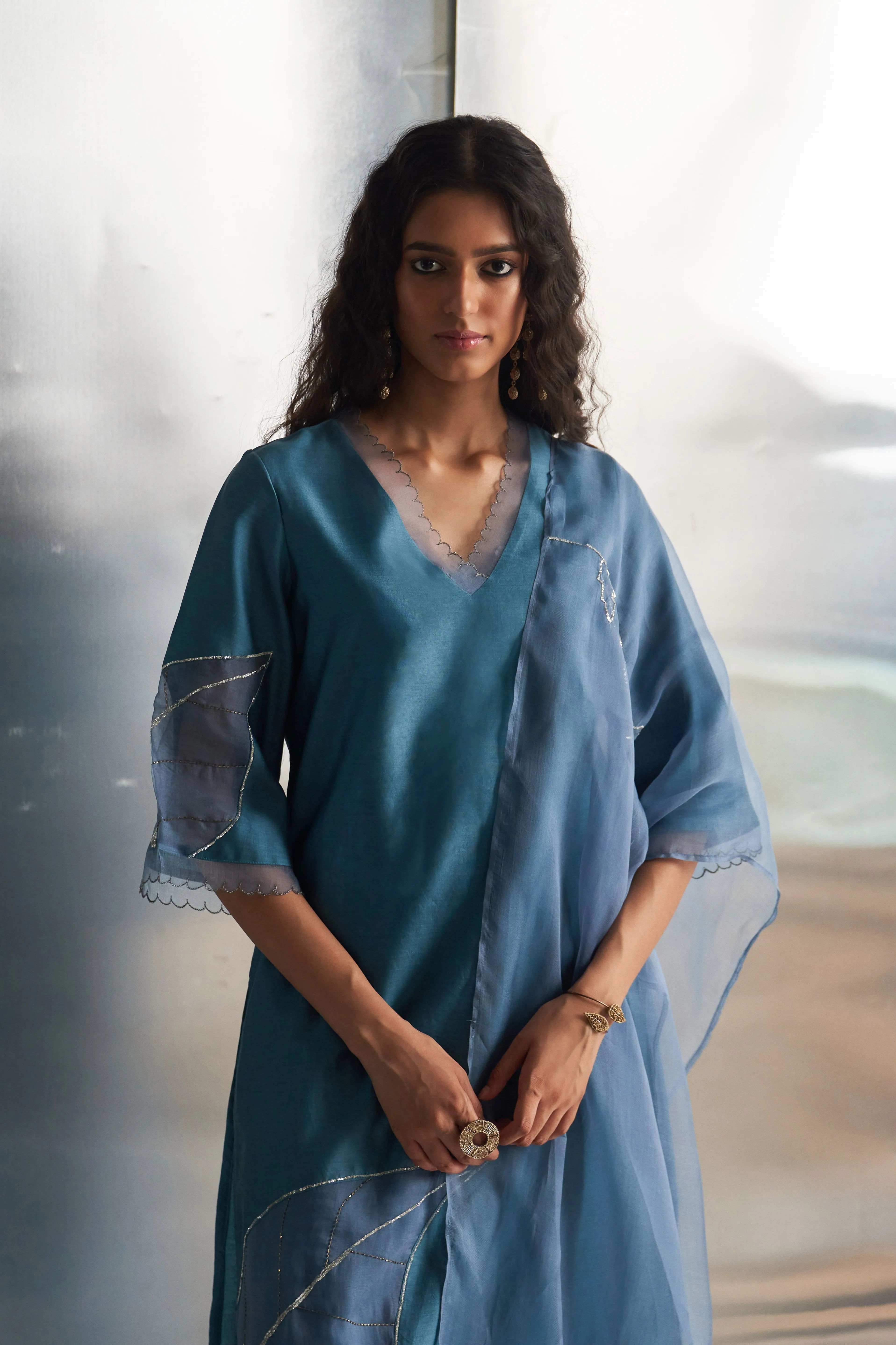 Steel Blue Chanderi Straight Kurta Set
