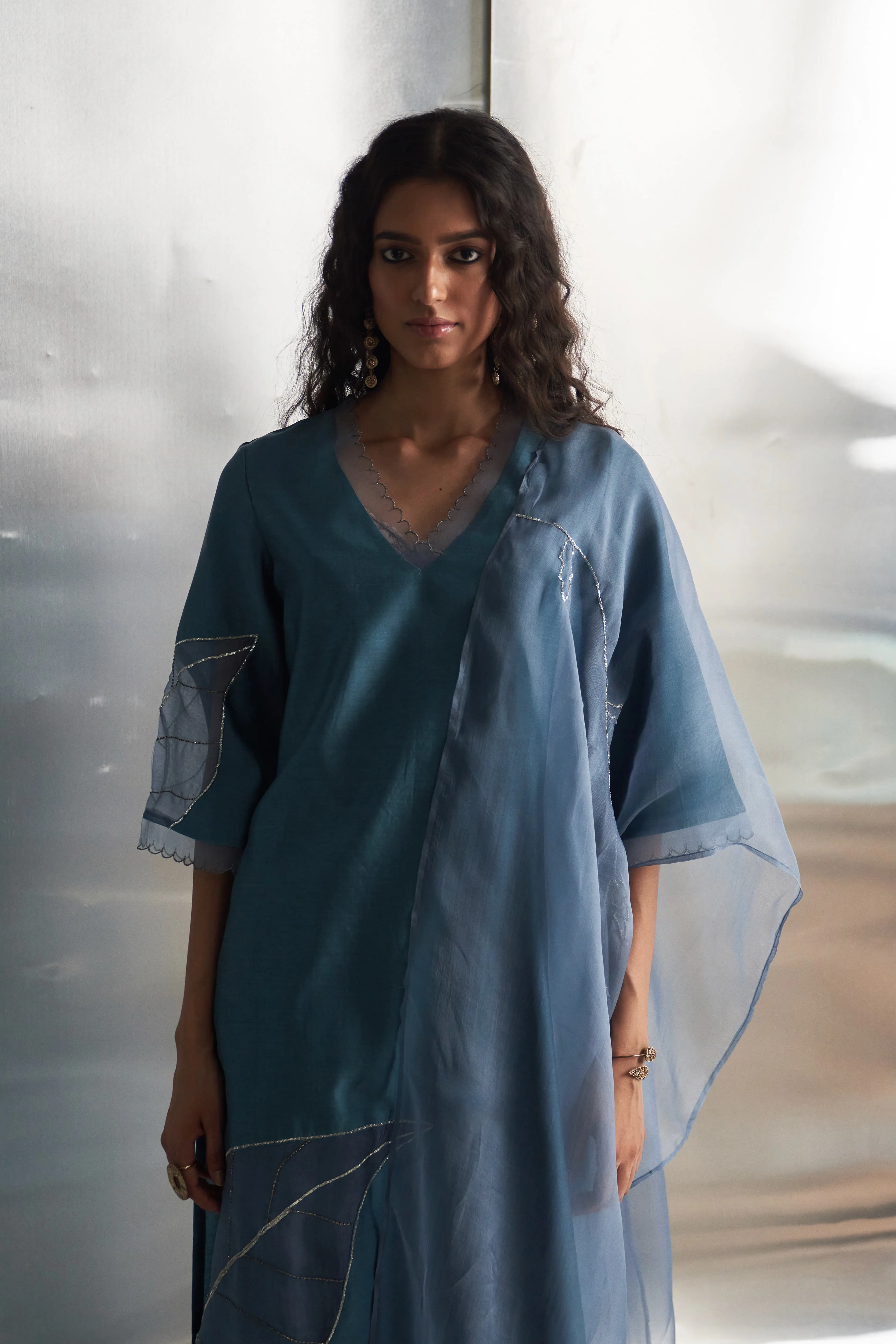 Steel Blue Chanderi Straight Kurta Set