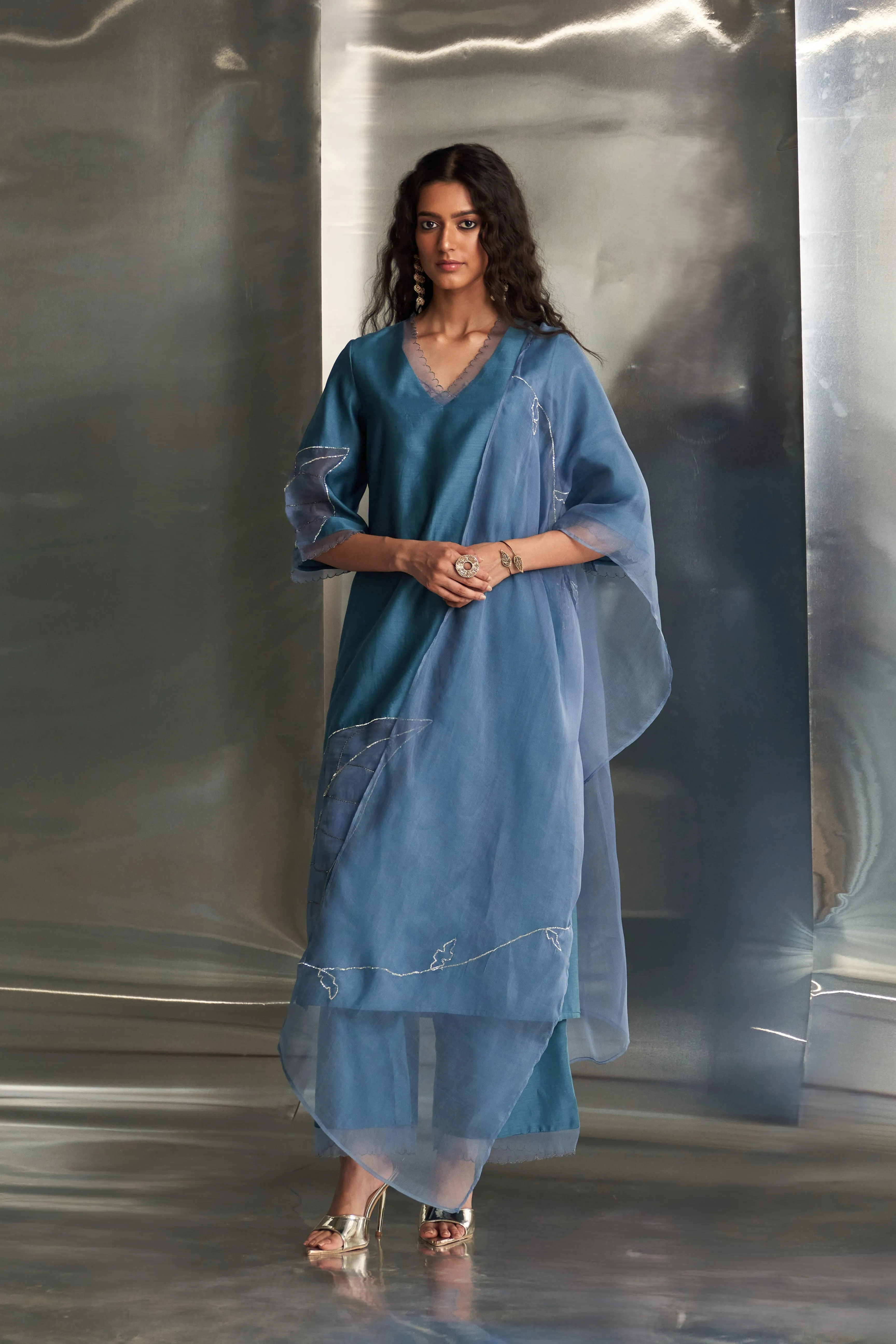 Steel Blue Chanderi Straight Kurta Set