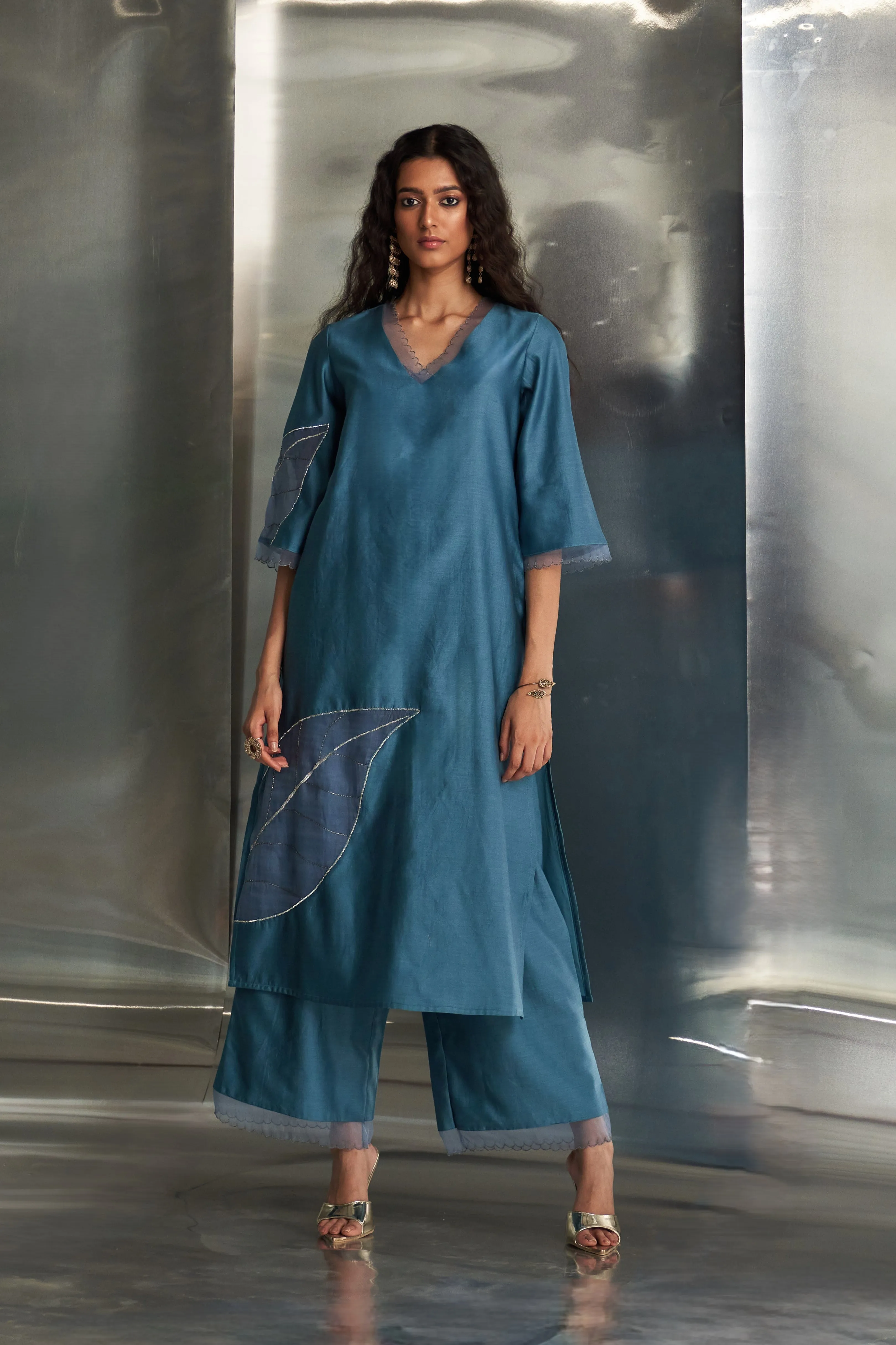 Steel Blue Chanderi Straight Kurta Set