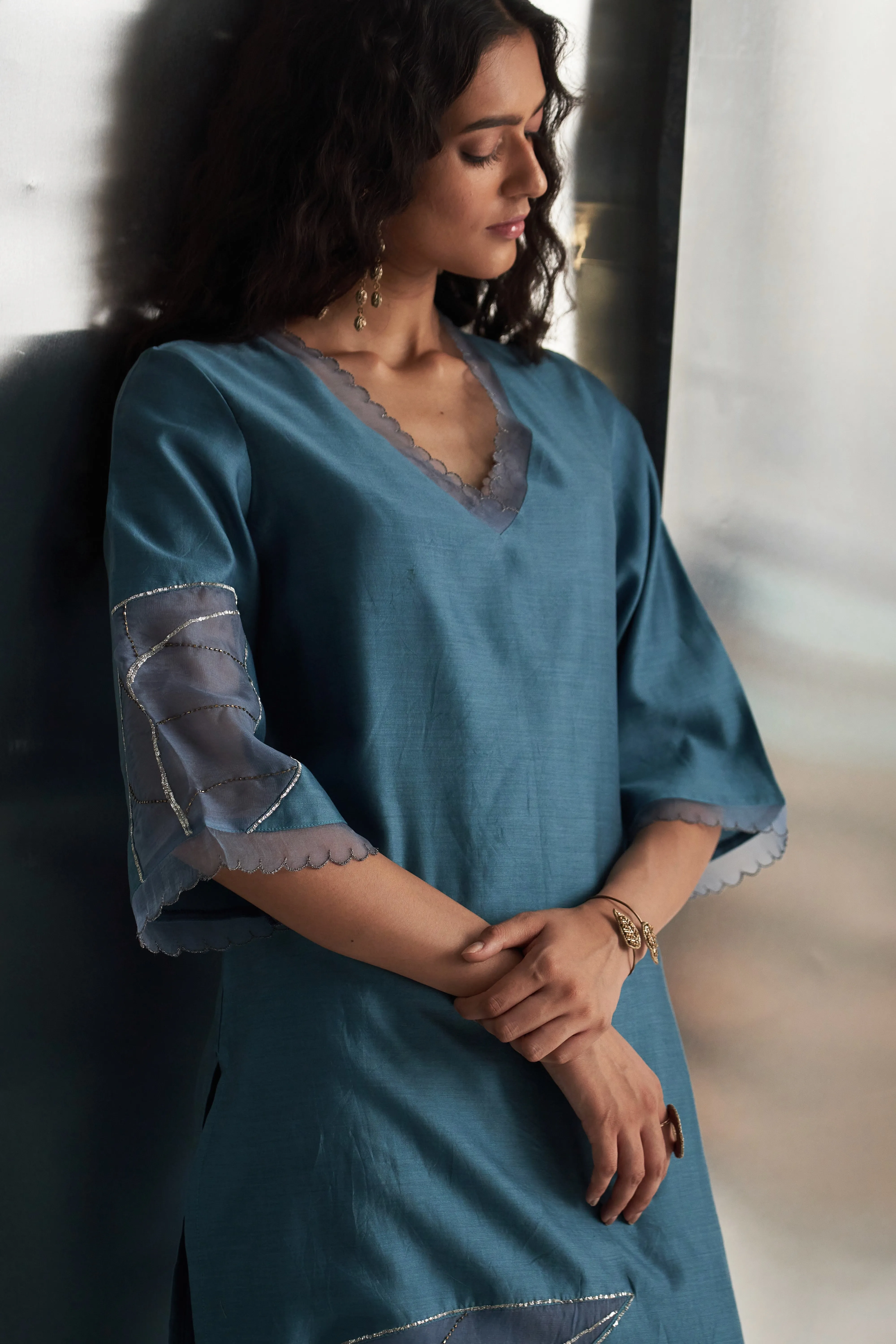Steel Blue Chanderi Straight Kurta Set