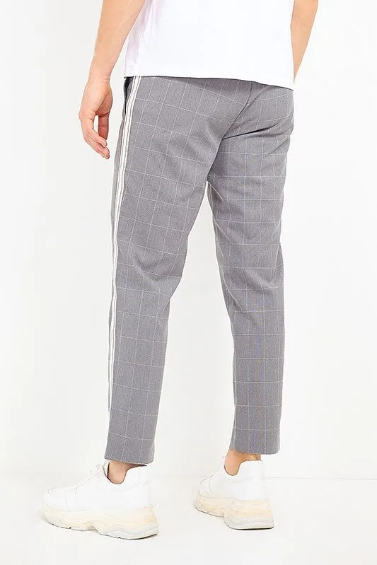 TAPE DETAIL GREY WINDOWPANE CHECKED TROUSERS