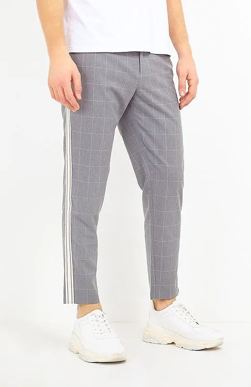 TAPE DETAIL GREY WINDOWPANE CHECKED TROUSERS