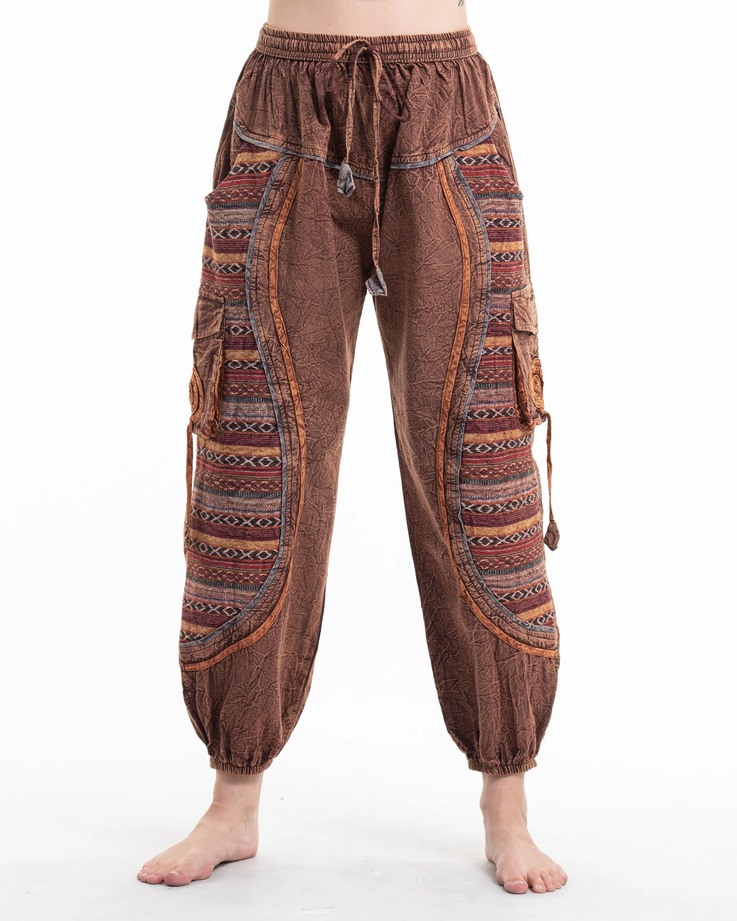 Unisex Patchwork Stone Washed Cargo Cotton Pants in Brown 07