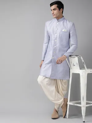 VASTRAMAY Men's Lavender and Off-white Silk Blend Sherwani Set