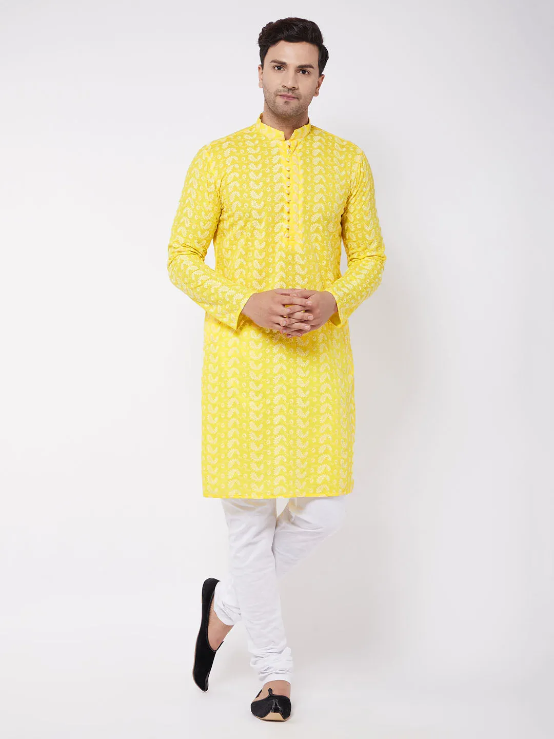 VASTRAMAY Men's Mustard Pure Cotton Chikankari Kurta Pyjama Set