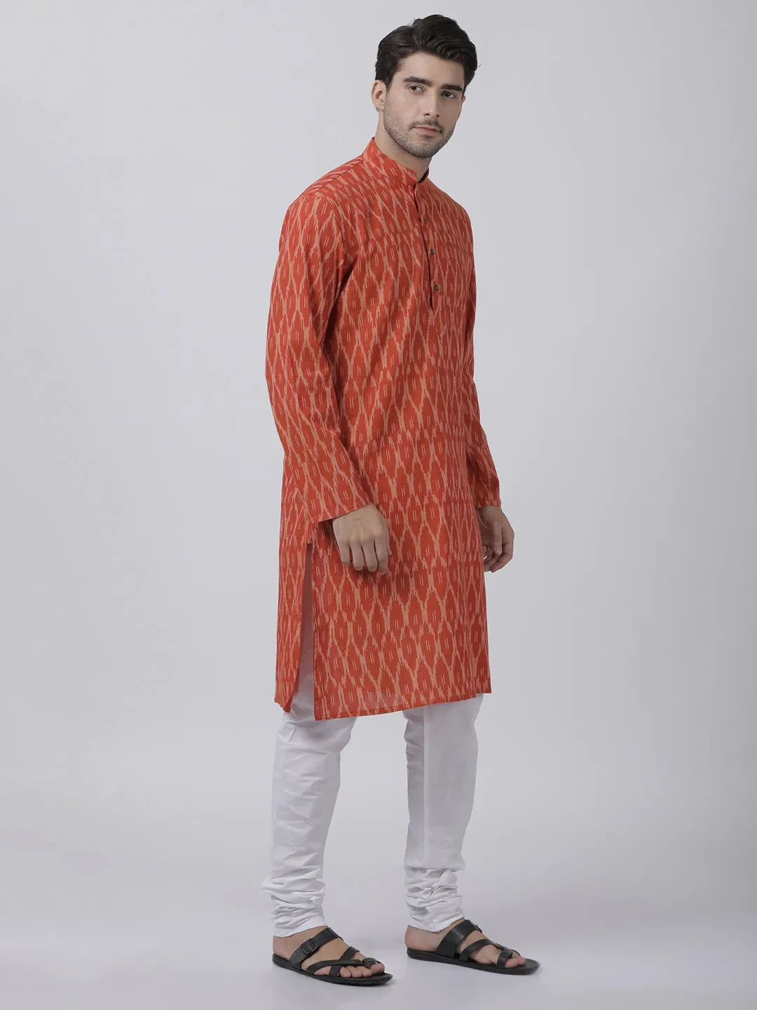 VASTRAMAY Men's Orange Pure Cotton Kurta and Churidar Set