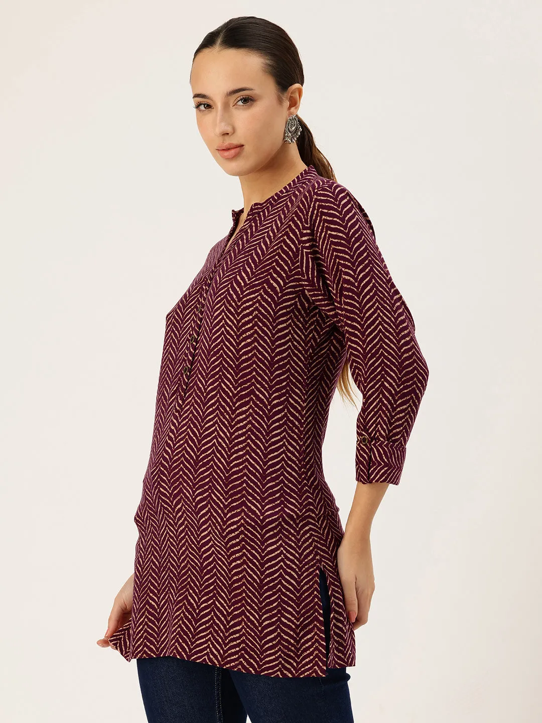 Wine Viscose Rayon Geometric Printed Tunic