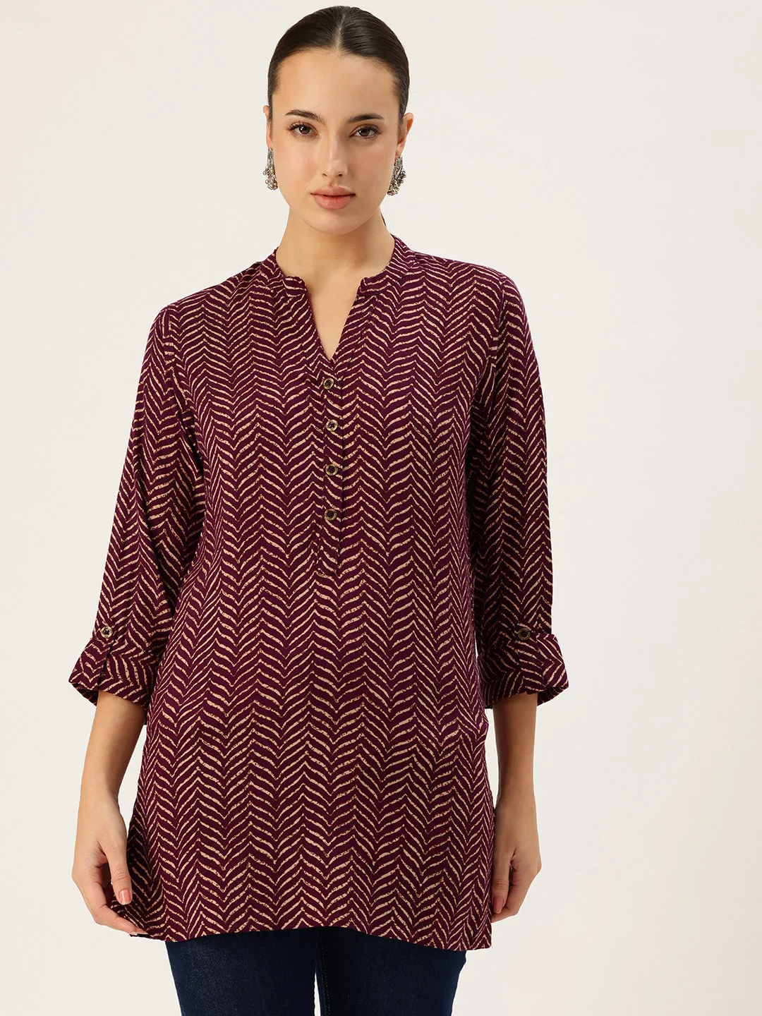 Wine Viscose Rayon Geometric Printed Tunic